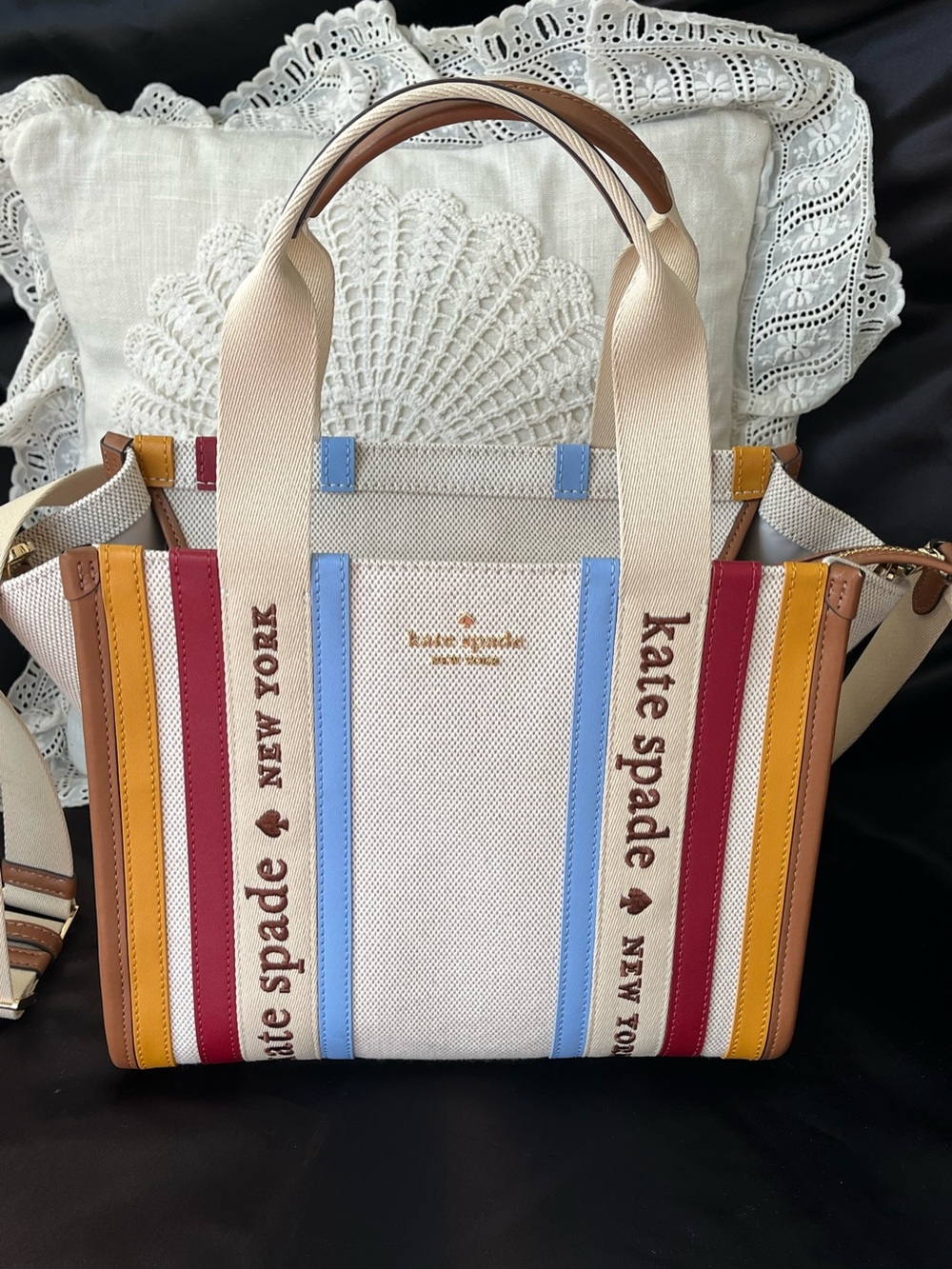 Kate Spade ♠️ Cream Canvas Tote with Blue, Red, Yellow & Brown Stripes